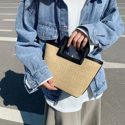 Straw Woven Mini Tote Bag – Square Handle Women's Holiday Handbag