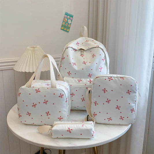 4-Piece Bow Print Backpack Set Women Matching Crossbody Bag Handbag Pencil Case Multi-Pocket