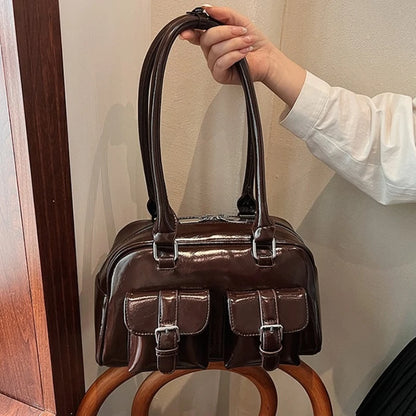 Retro Pu Leather Double Pockets Underarm Bags Women Winter Y2k Korean Female Shoulder Bag Stylish