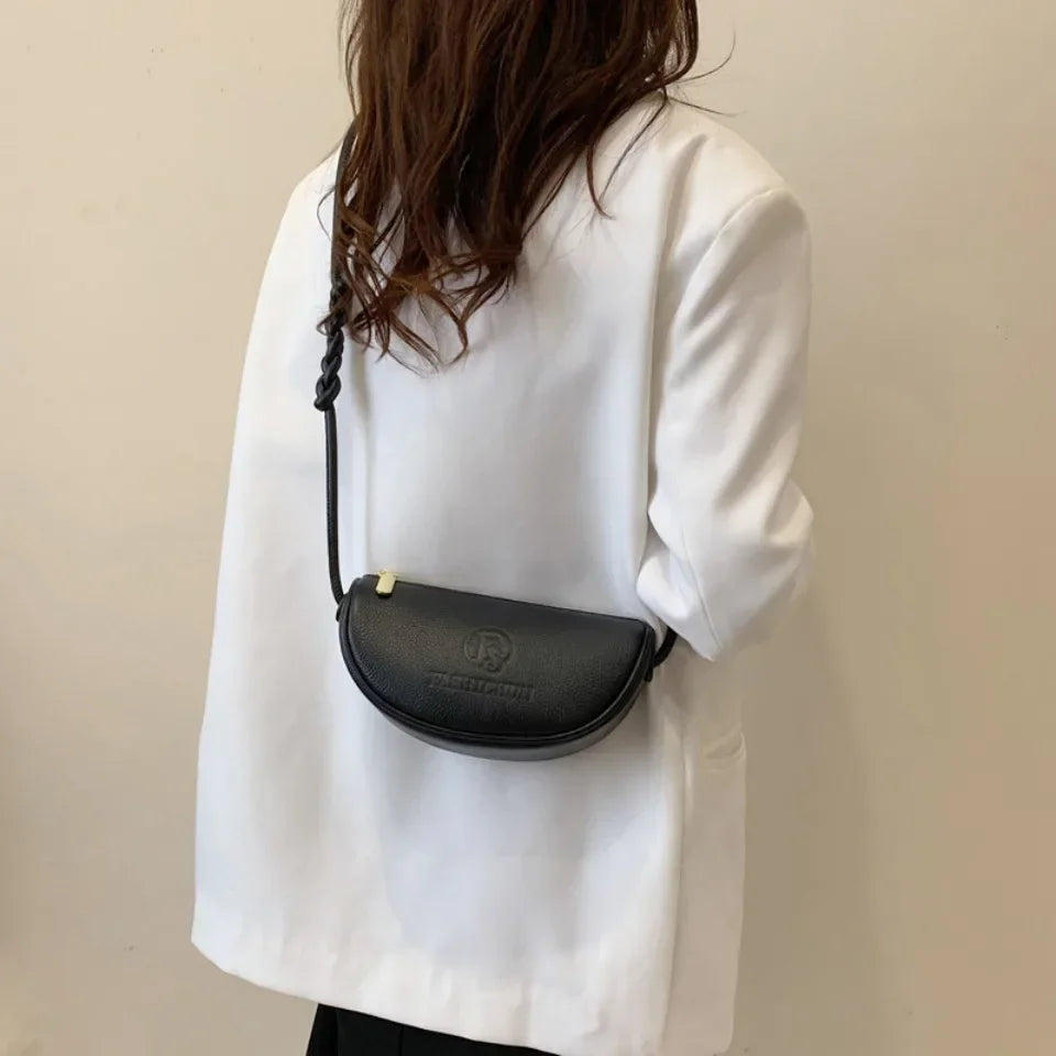 Leather Crescent Crossbody Mini Shoulder Bag – Braided Strap Daily Commute Bag