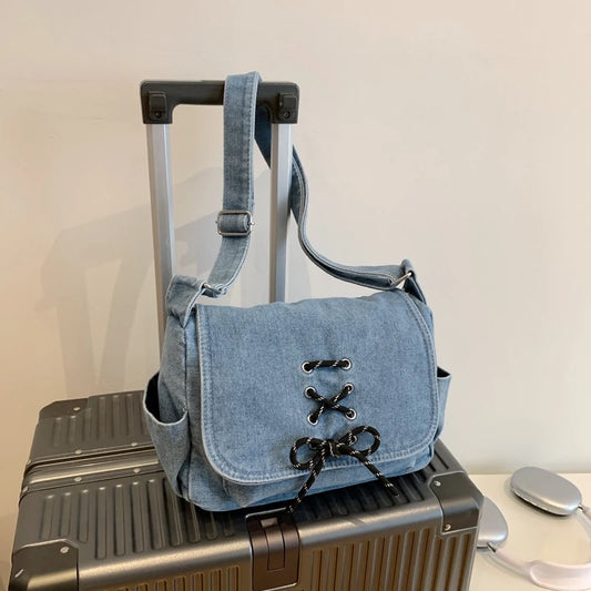 Autumn Vintage Lace-Up Denim Shoulder Bag Women Adjustable Strap Crossbody Casual Jeans Messenger