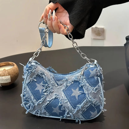 Denim Checkered Shoulder Bag for Women – Chain Strap Hobo Handbag