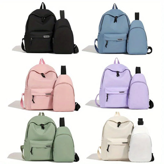 2pcs Bagset Back School Nylon Women Backpack Female Travel Bag Solid Color Large Capacity Season