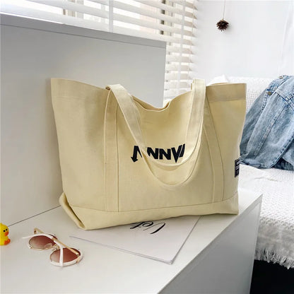 Large Canvas Tote Bag with Letter Print – Oversized Shoulder Bag