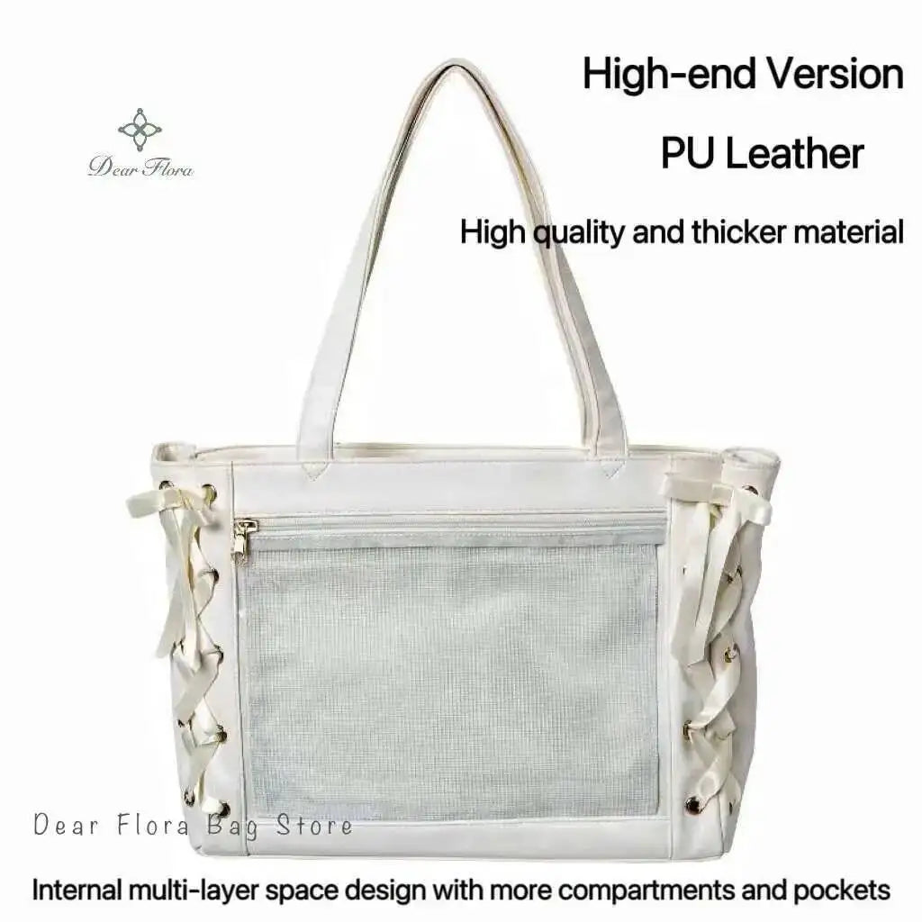 Japanese Sweet Women Ribbon Ita Bag Cute Lolita Girl Transparent Handbags Large Capacity Tote