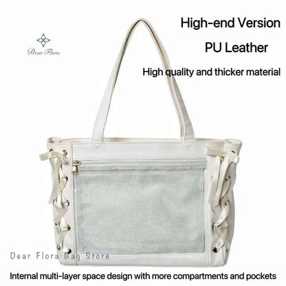 Japanese Sweet Women Ribbon Ita Bag Cute Lolita Girl Transparent Handbags Large Capacity Tote