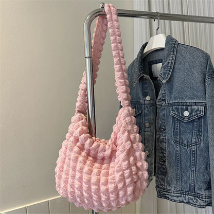 Quilted Pleated Shoulder Bag – Large Capacity Hobo Handbag