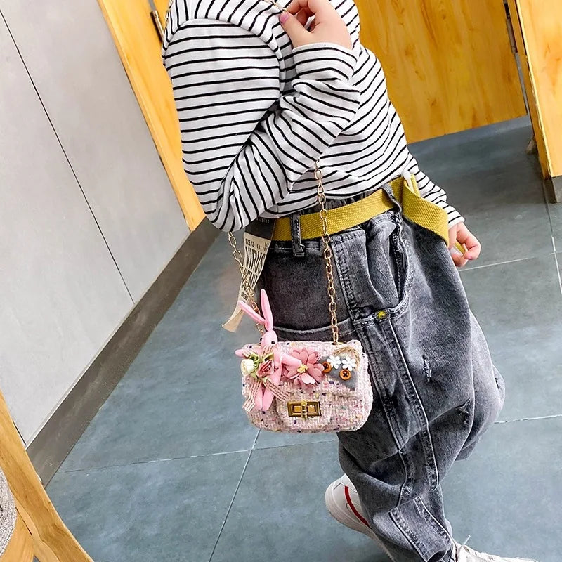 Cute Kids Floral Tweed Shoulder Crossbody Bags Pearl Flower Decor Chic Clutch Bag Mini Chain Purse