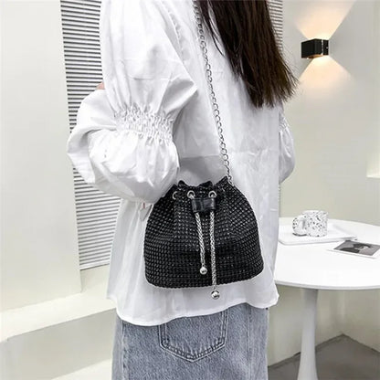 Rhinestone Drawstring Bucket Bag with Chain Strap