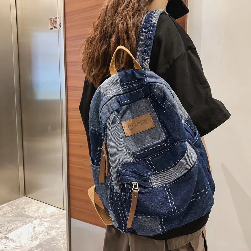 Lazy Cowboy Schoolbag Student Shoulder Wash Retro Stitching Large Capacity Backpack