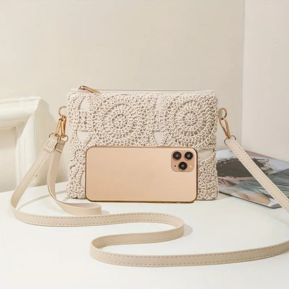 Crochet Bag with Hollowed Out Floral Design – Woven Straw Crossbody with Adjustable Strap