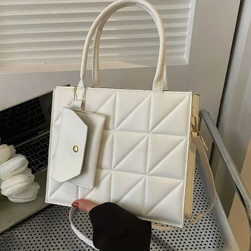 Quilted Tote Bag with Detachable Pouch & Crossbody Strap