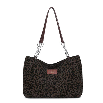 Chic Leopard Print Tote Bag Brown Leather Handles Silver Chain Accent Spacious Handbag Shoulder