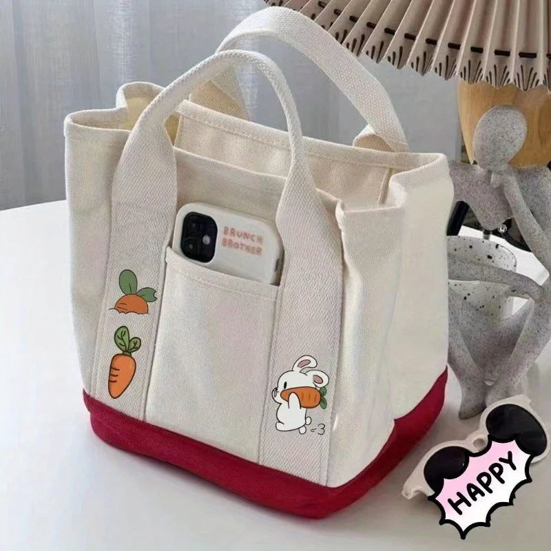 Cute Rabbit & Carrot Canvas Tote Bag – Casual Shoulder Bag