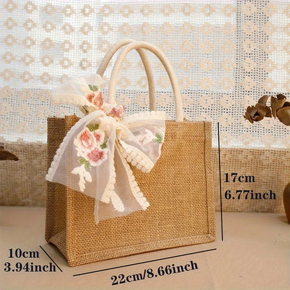 Burlap Jute Tote Bag with Lace Ribbon – Reusable Gift & Shopping Bag
