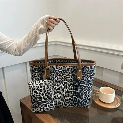 Leopard Tote Bag Pouch Stylish Synthetic Leather Handbag Shoulder Bag Large Capacity Shopping Bag