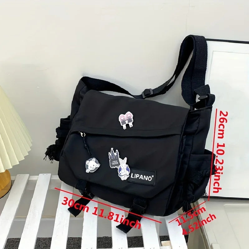 Kawaii Crossbody Messenger Bag with Badge Pins & Bear Pendant