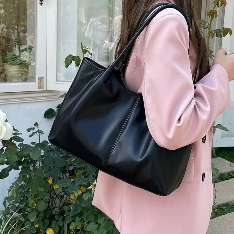 Simple White Shoulder Bag Women S Pu Leather Soft Underarm Tote School Large Capacity Full Student