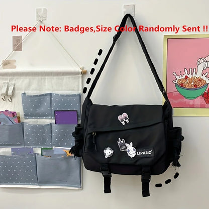 Kawaii Crossbody Messenger Bag with Badge Pins & Bear Pendant