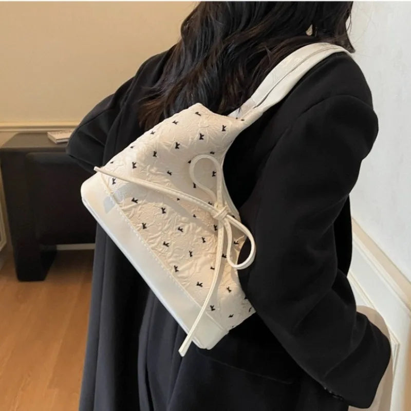 Cute Pink Bow Tote Bag Contrast Handbag Shoulder Large Capacity Soft Fabric Daily Shopping Casual