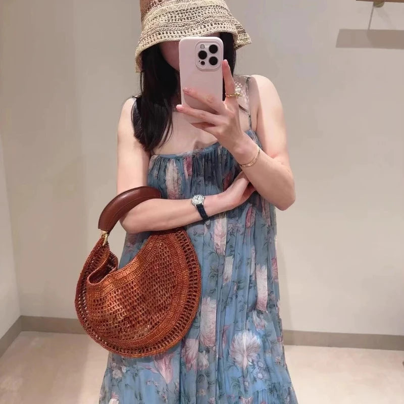 Popular Straw Crescent Bag Woven Tote Pu Leather Handle