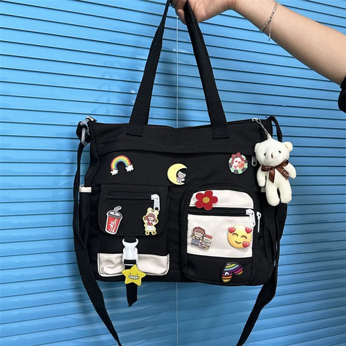 Cute Campus Tote Bag for Teen Girls – Crossbody Shoulder Bag with Badge Pendants