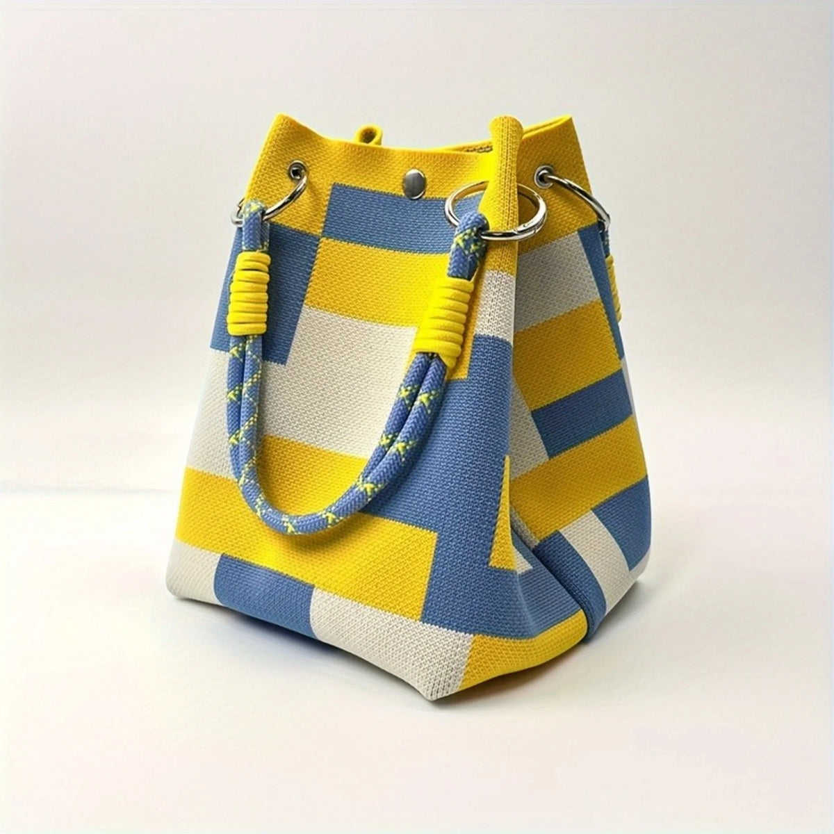 Women's Multicolor Bucket Bag – Striped Tote with Rope Handle