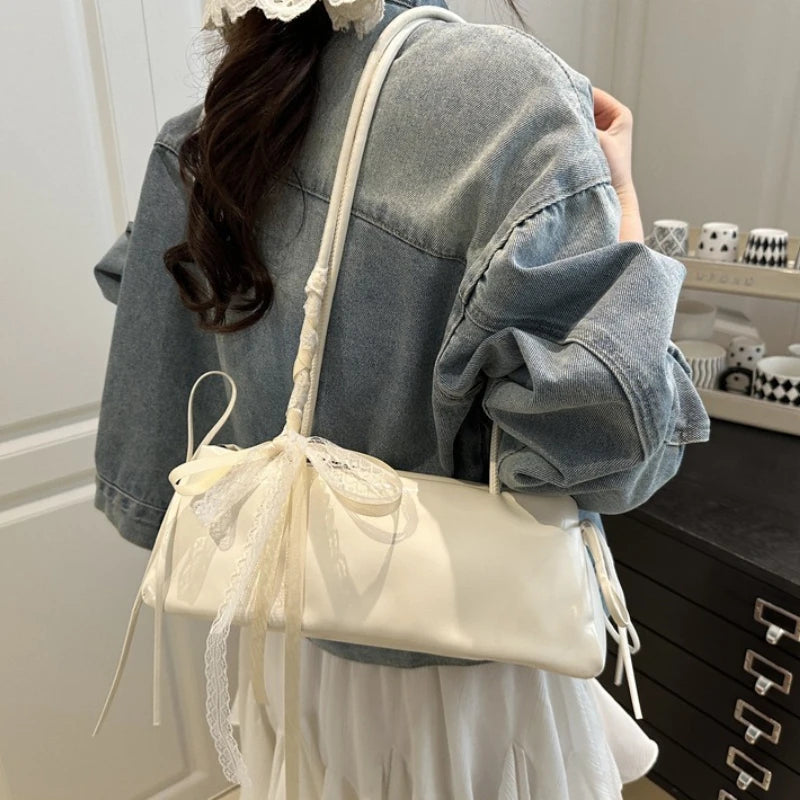 Faux Leather Shoulder Bag – Lace Ribbon Bow Tote Handbag