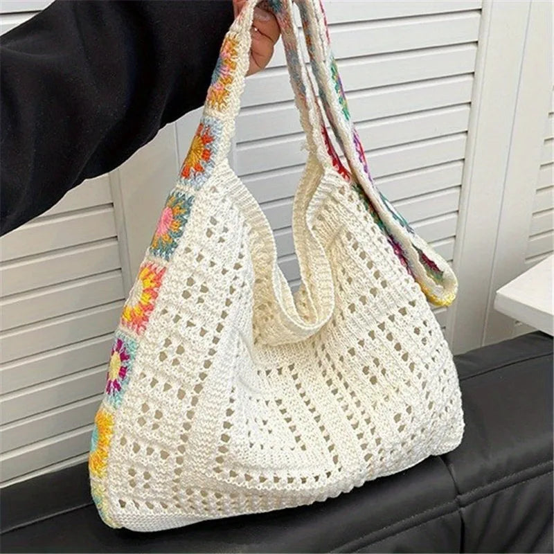 Boho Crochet Flower Tote Bag – Hollow Knit Shoulder Bag