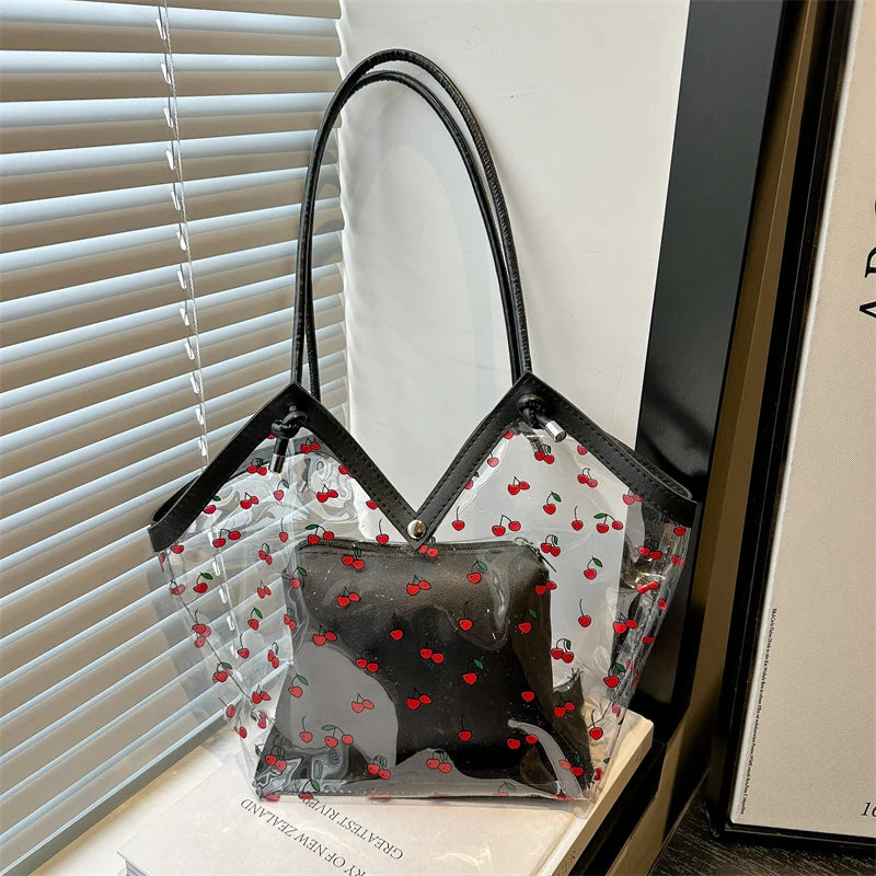 Women Tote Bag Transparent Pvc Cherry Pattern Shoulder Small Commute Shopping