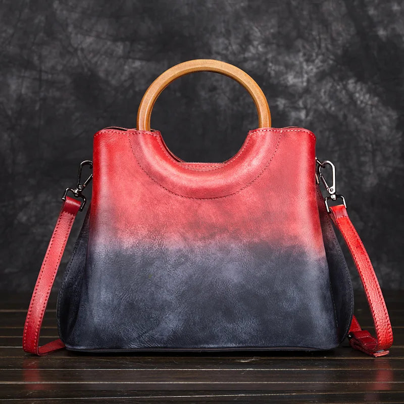 Vegetable-Tanned Genuine Leather Women S Bag Hand-Painted Retro Color-Blocking Hand-Held Crossbody