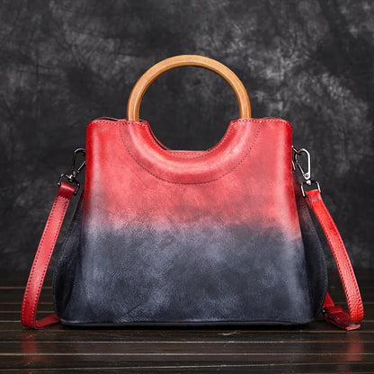 Vegetable-Tanned Genuine Leather Women S Bag Hand-Painted Retro Color-Blocking Hand-Held Crossbody
