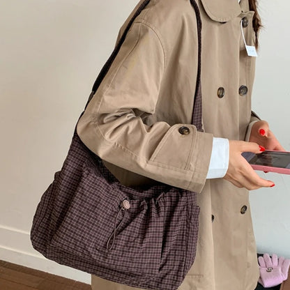 Plaid Drawstring Crossbody Bag – Large Capacity Shoulder Tote