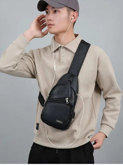Homefish Simple Fashionable Casual Solid Color Pu Multifunctional Usb Charging Zipper Chest Bag