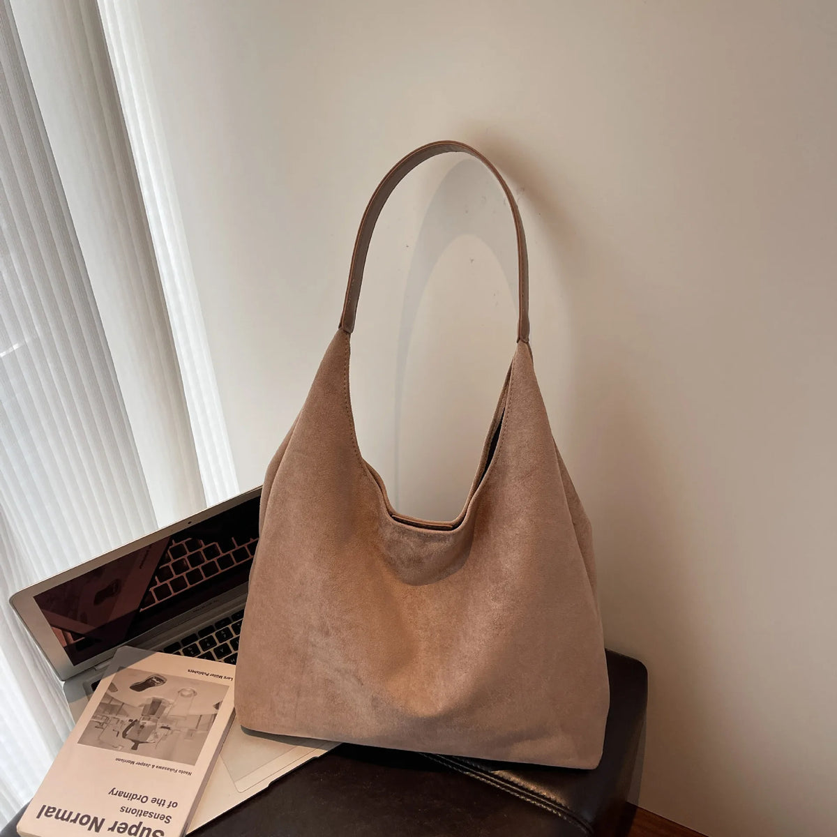 Suede Texture Large Tote Bag – Women's Minimalist Shoulder Handbag