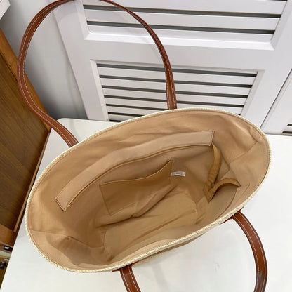 Fresh Vacation Women Shoulder Bag Woven Stripe Colorblock Straw Tote Large Capacity Breathable