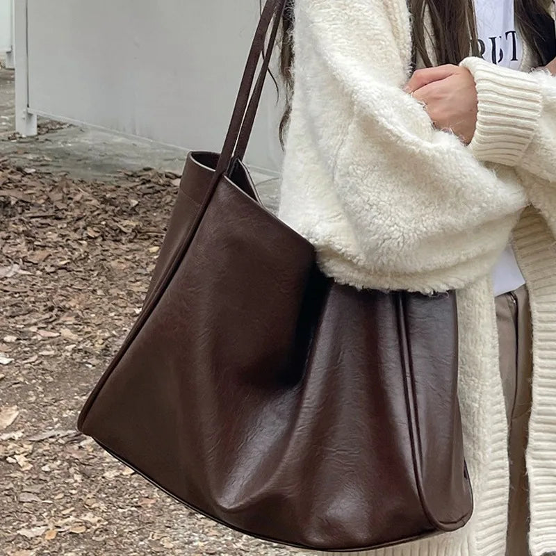 Large-Capacity Women S Casual Soft Leather Crossbody Commuter Single-Shoulder Bag Tote - Soft