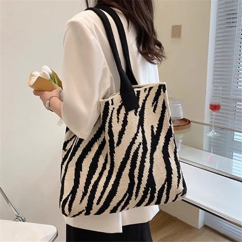 Striped Knitting Bag Commuter Large Capacity Tote Bags Woven Handbag Shoulder Bag Women Daily Use