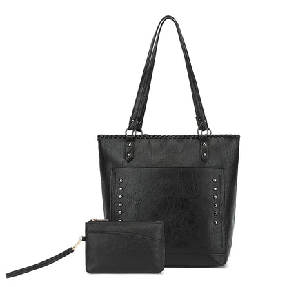 Women Vintage Rivet Faux Leather Tote Shoulder Bag Mini Wristlet Purse Daily Office Travel Shopping