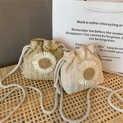 Woven Straw Mini Crossbody Bag – Flower Drawstring Bucket