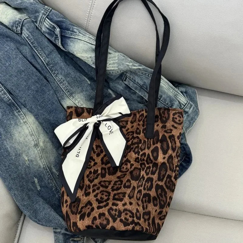 Leopard Print Tote Bag with Bow Scarf – Large Capacity Shoulder Bag