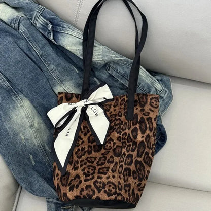 Leopard Print Tote Bag with Bow Scarf – Large Capacity Shoulder Bag
