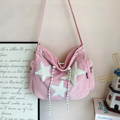Y2K Corduroy Star Tote Bag with Plush Star Decor