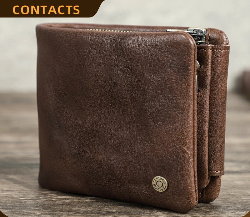 Rfid Anti-Theft Brush Full Grain Cowhide Three Fold Men S Wallet Horizontal Multi-Card Leather