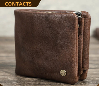 Rfid Anti-Theft Brush Full Grain Cowhide Three Fold Men S Wallet Horizontal Multi-Card Leather
