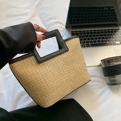 Straw Woven Mini Tote Bag – Square Handle Women's Holiday Handbag