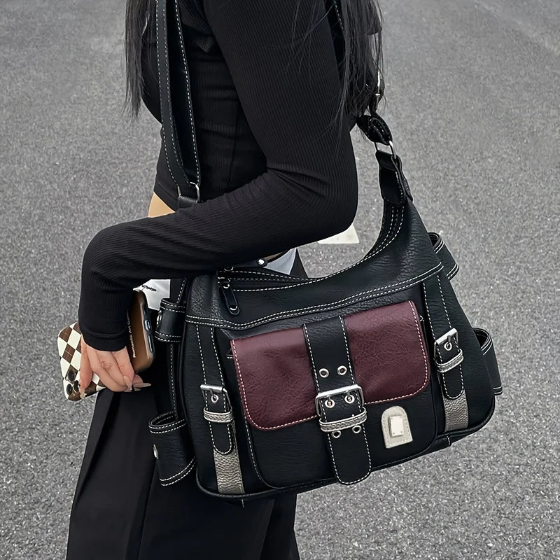 Vintage Leather Crossbody Bag – Y2K Large Capacity Shoulder Bag