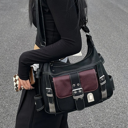 Vintage Leather Crossbody Bag – Y2K Large Capacity Shoulder Bag