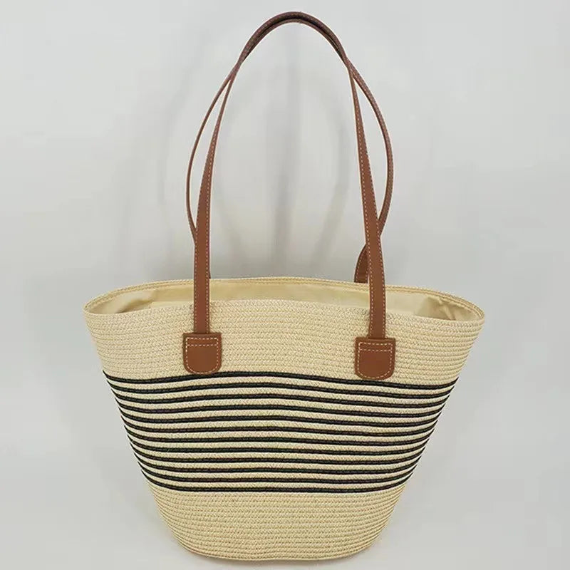 Summer Beach Casual Handbag Shoulder Bag Women Striped Straw Tote Bags Leather Handles