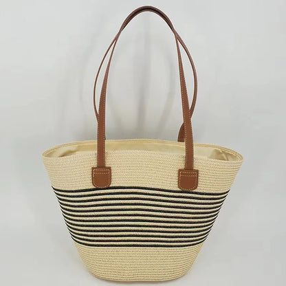 Striped Straw Tote Bag Leather Handles Large Capacity Summer Beach Casual Daily Shoulder Bag Women